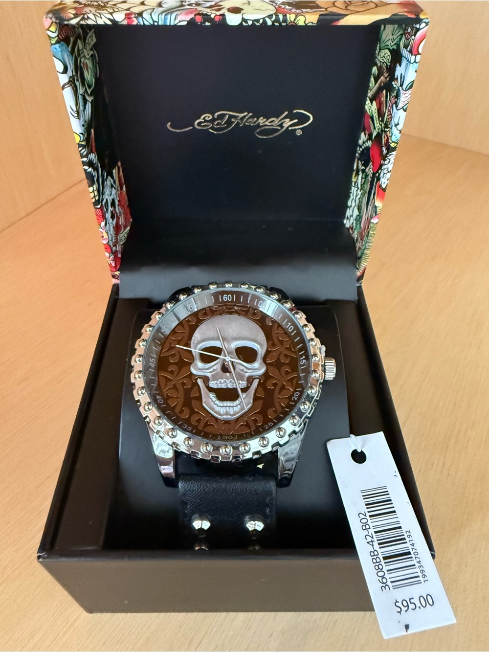 Ed Hardy Men's Skull Watch Black Leather Studded Cuff Strap